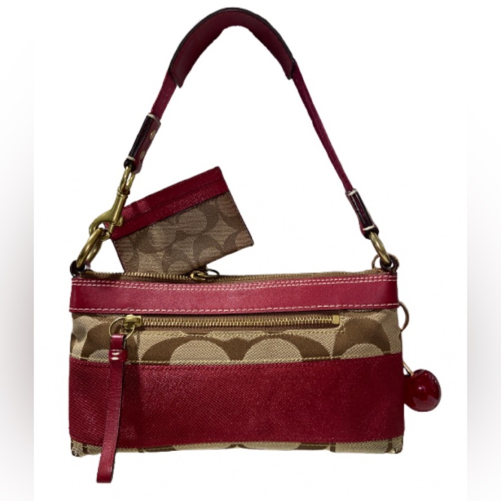 Coach 2006  Signature Canvas Shoulder Bag with Red Trim, card holder & charm - Picture 2 of 10